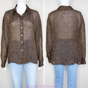 Silk Icon Collection‎ 100% silk leopard animal print button down shirt, size L